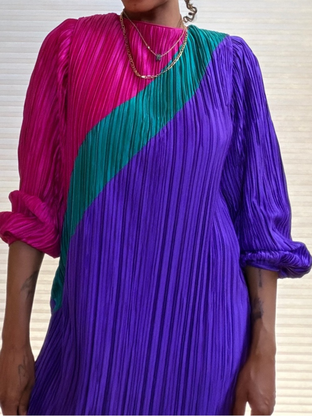 Vintage 80s Lisa Michaels Pleated Colorblock Dress - Picture 6 of 11
